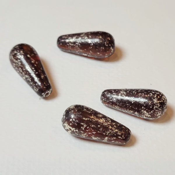 Bottle Brown with Silver Czech Glass Drops, 10x22mm Teardrop Beads, Set of 4