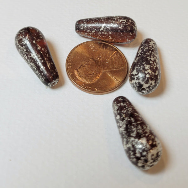 Bottle Brown with Silver Czech Glass Drops, 10x22mm Teardrop Beads, Set of 4