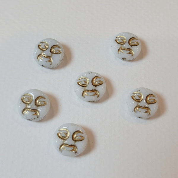 White with Gold Moon Face Czech Pressed Glass Beads, 9mm, 6 pcs