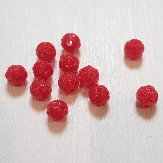 8mm Opaque Red Carved Vintage Rose Flower Plastic Beads