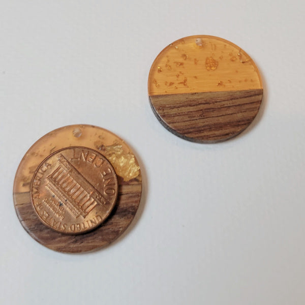 Walnut Wood & Apricot Gold Resin Round Pendants, 33mm