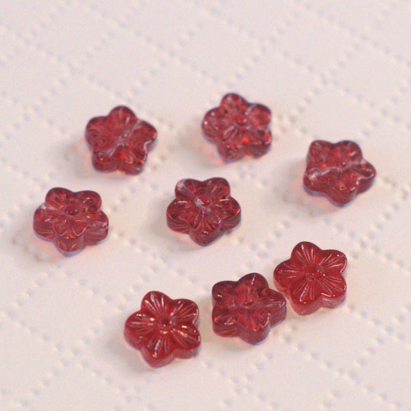 Ruby Red Plum Flower Beads, Premium Pressed Glass, 11mm, 8pc