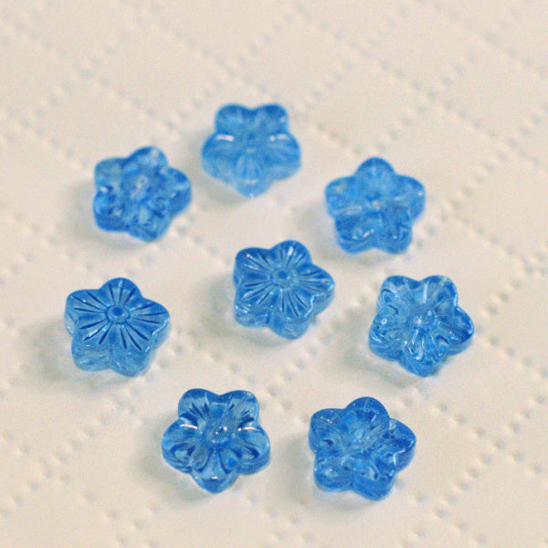 Cerulean Blue Plum Flower Beads, Premium Pressed Glass, 11mm, 8pc