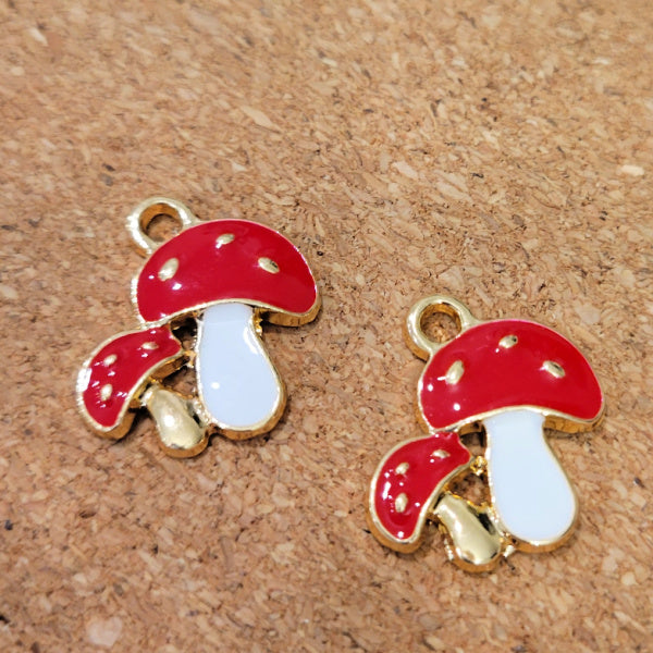 Enameled Double Mushroom Charms – Red & White, Gold Tone, 18x19.5mm