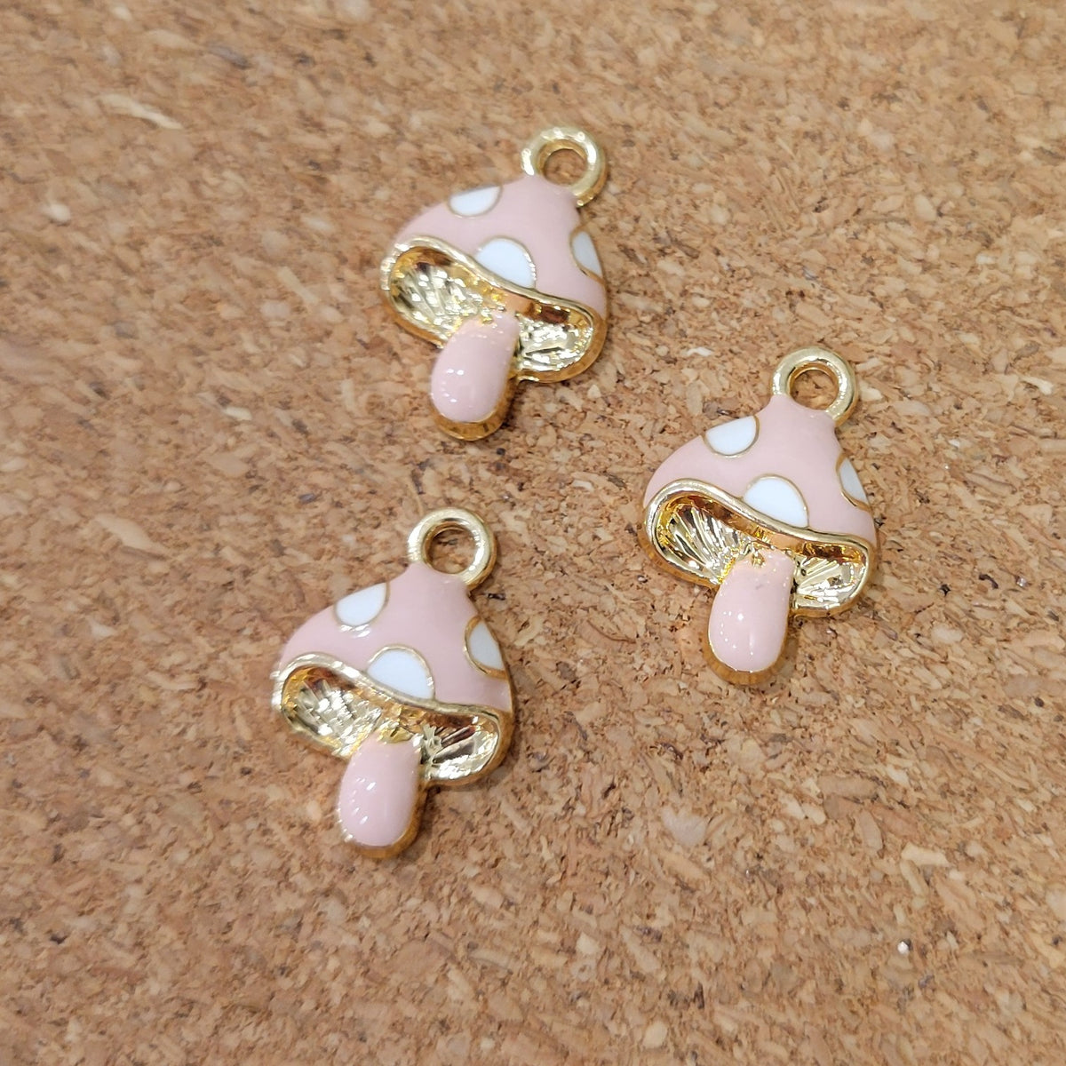 Enameled Pink Mushroom Charms – Blush Pink & White, Gold Tone, 16x11mm