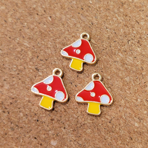 Enameled Toadstool Mushroom Charms – Red White & Yellow, Gold Tone, 13x15mm