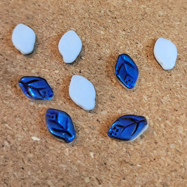 Czech Glass Leaf Beads – Chalk White Azuro Blue, 7x12mm