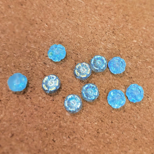 Aqua Blue AB Hibiscus Czech Glass Flower Beads – 9mm, 10 Pcs