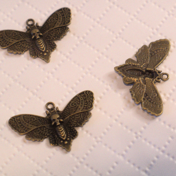 Antique Gold Moth Charms with Skull Detail