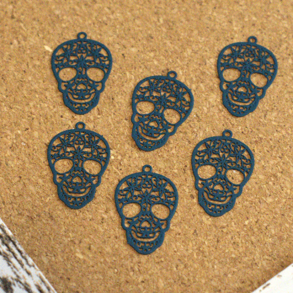 Navy Blue Laser-Cut Steel Sugar Skull Charms, 6 Pc
