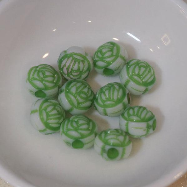 Green Etched Acrylic Round Rose Flower Beads - Humpday Beads