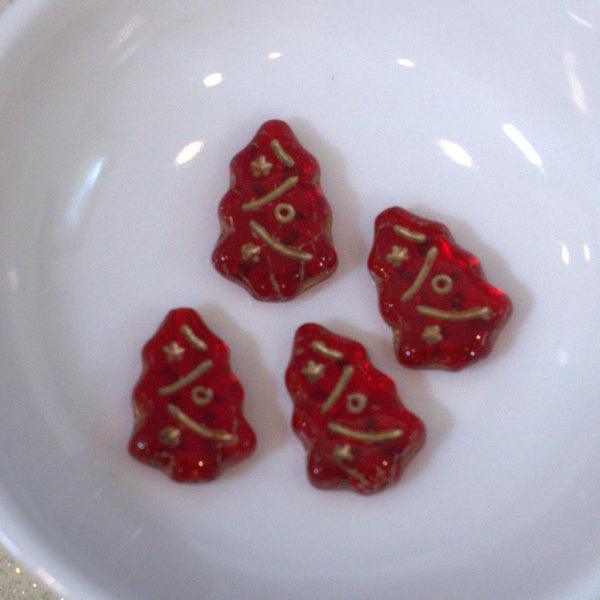Ruby Red w/Gold Christmas Tree Czech Pressed Glass Beads - Humpday Beads