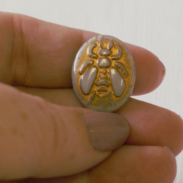 Bee Czech Pressed Glass Beads - Opal Grey with Gold - Humpday Beads
