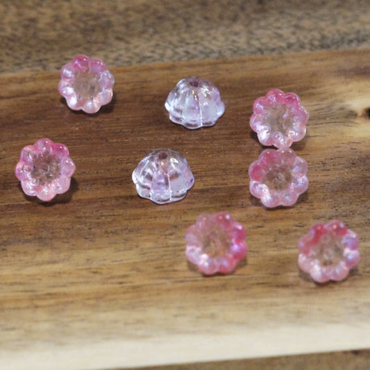 Premium Two-Tone Glass Lotus Pod Beads, Pink & Clear, 10.5mm, 8 pcs