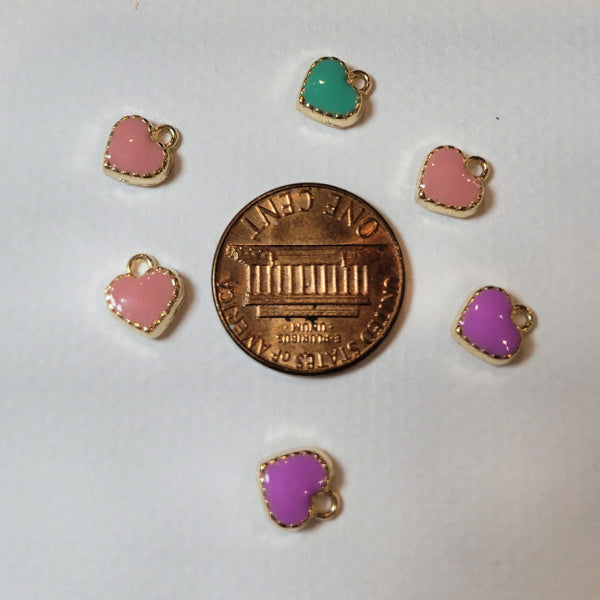 Tiny Pastel Enamel Heart Charms, Gold Tone, Mixed Colors, 6pc