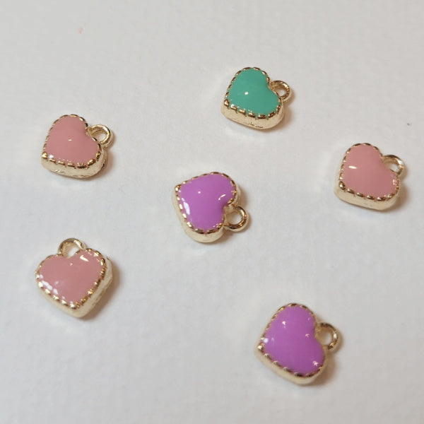 Tiny Pastel Enamel Heart Charms, Gold Tone, Mixed Colors, 6pc