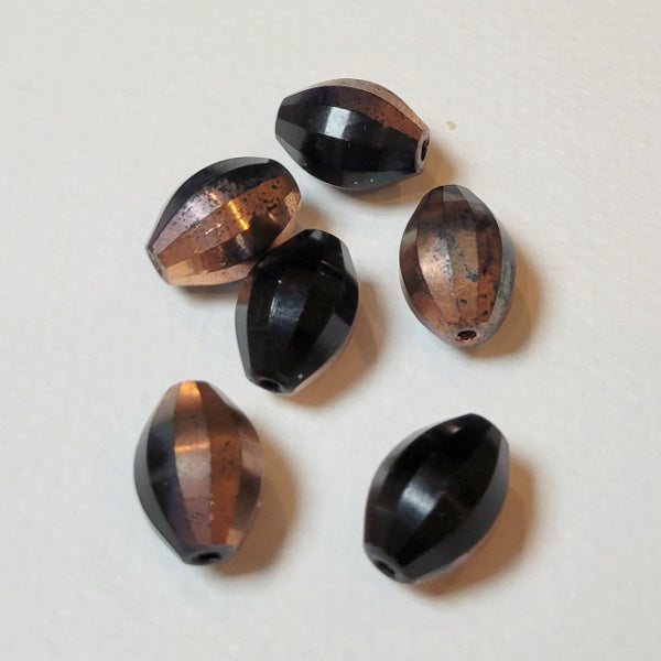 Black Faceted Large Oval w/Copper Half Coat Czech Glass Beads