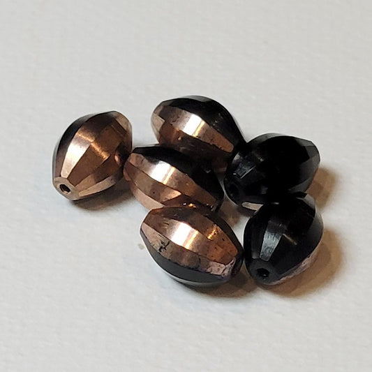 Black Faceted Large Oval w/Copper Half Coat Czech Glass Beads