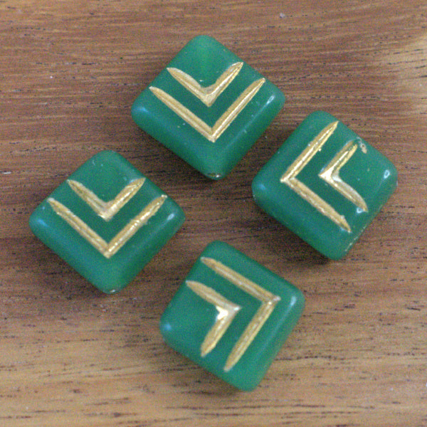 Czech Glass Chevron Beads, Opal Green with Etched Gold, 15mm Square, Diagonally Drilled