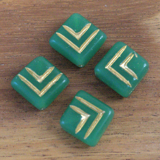 Czech Glass Chevron Beads, Opal Green with Etched Gold, 15mm Square, Diagonally Drilled