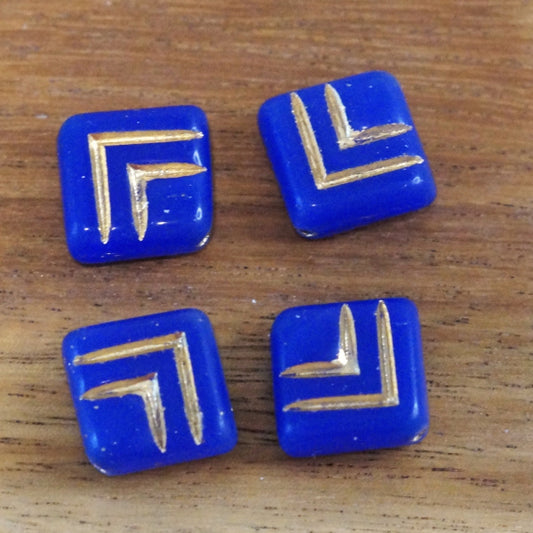 Czech Glass Chevron Beads, Cobalt Blue with Etched Gold, 15mm Square, Diagonally Drilled, 4 pcs