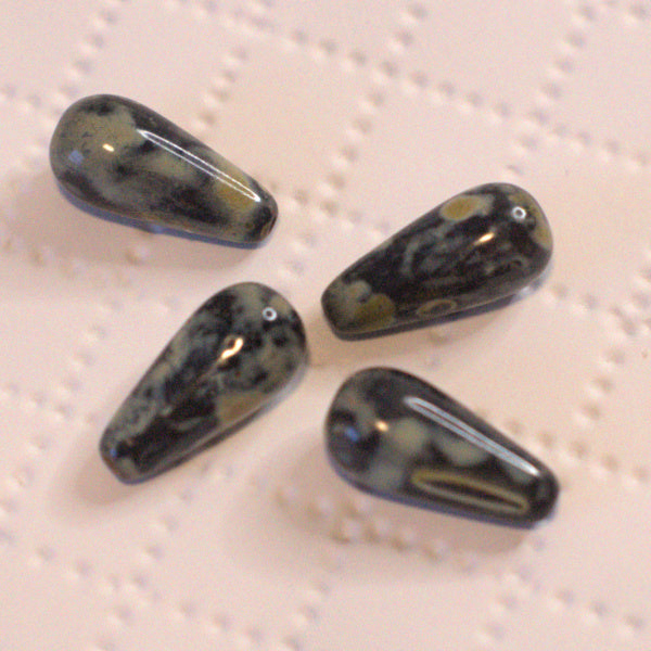 Czech Glass Teardrop Beads, Black Picasso, 8x20mm