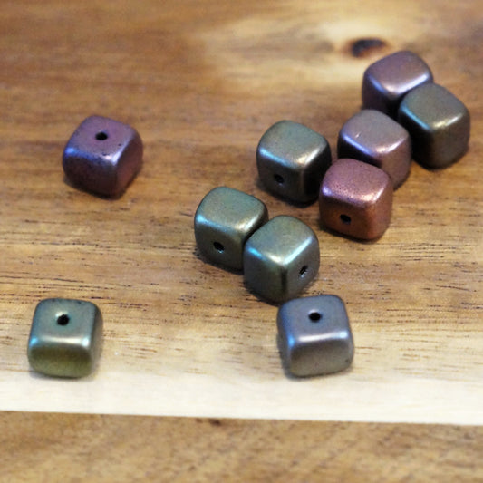 10mm Czech Glass Irregular Cube Beads, Metallic Earthtone, 10 pc