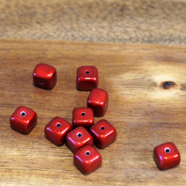 10mm Czech Glass Irregular Cube Beads, Metallic Red, 10 pc