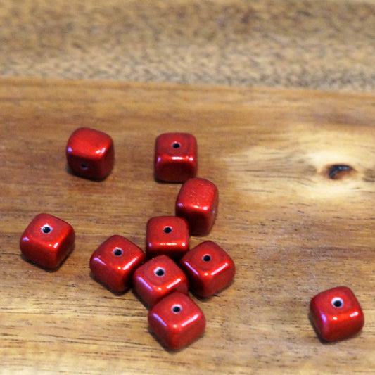 10mm Czech Glass Irregular Cube Beads, Metallic Red, 10 pc