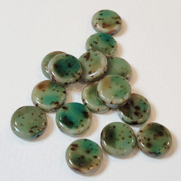 Ivory and Green Picasso 9mm Round Disc Czech Beads