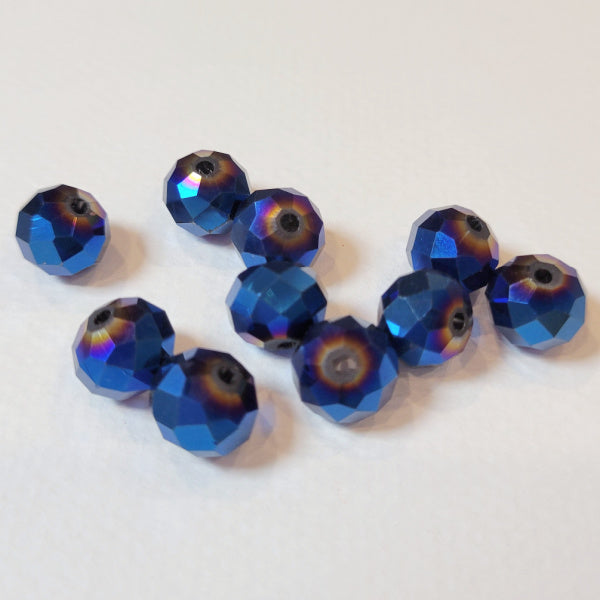 10mm Metallic Blue Azuro Faceted Glass Rondelle Crystal Beads