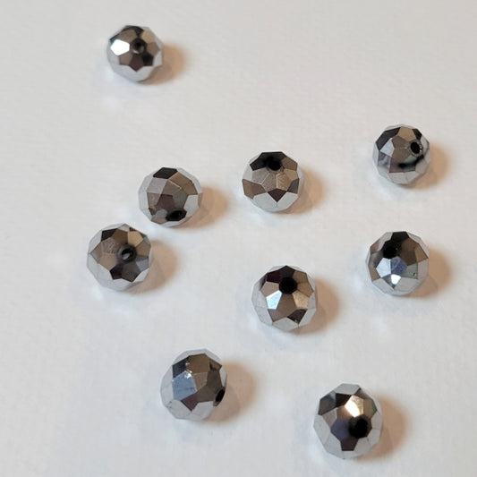 10mm Metallic Silver Faceted Glass Rondelle Crystal Beads