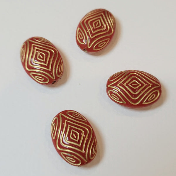 Red w/Gold Diamond Etched Large Tablet Acrylic Beads