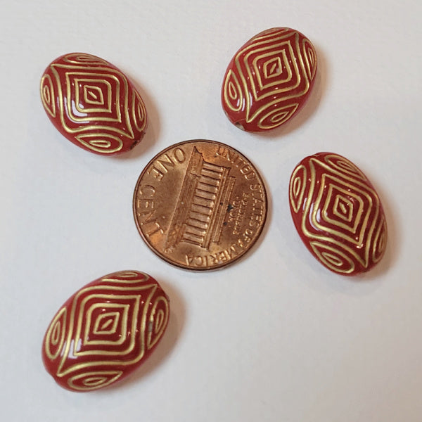 Red w/Gold Diamond Etched Large Tablet Acrylic Beads