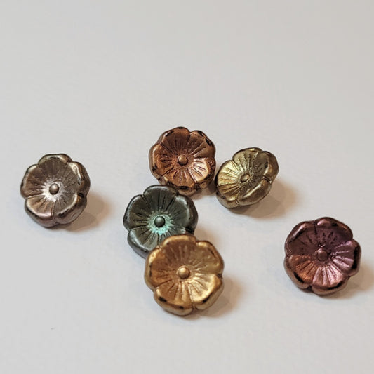 Matte Metallic Bronze Iris Button Flower Czech Glass Beads, 11mm