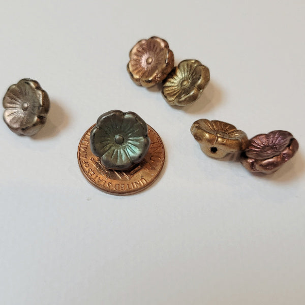 Matte Metallic Bronze Iris Button Flower Czech Glass Beads, 11mm