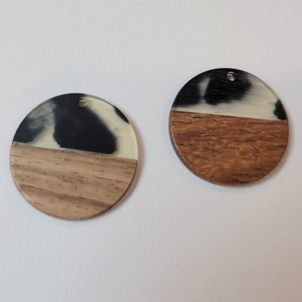 Walnut Wood & Cow Print Resin Round Pendants, 28mm