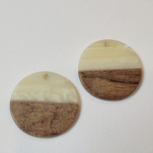 Walnut Wood & Off White Resin Round Pendants, 28mm