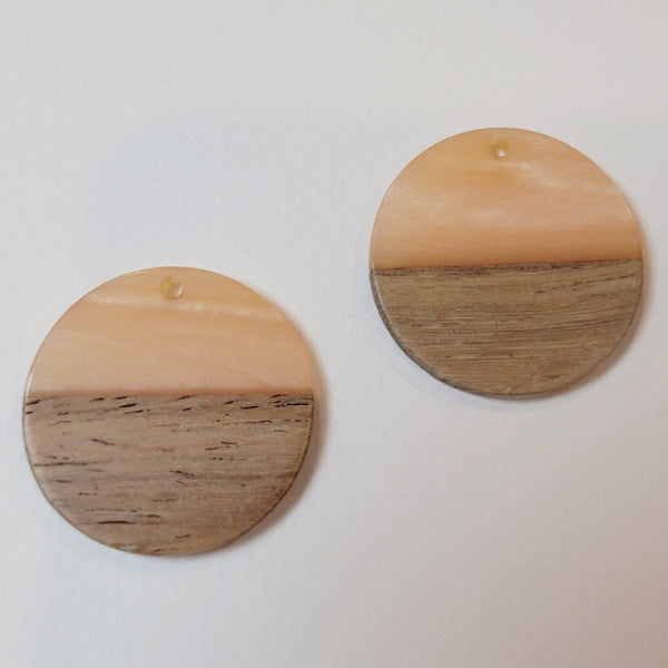 Walnut Wood & Peach Resin Round Pendants, 28mm