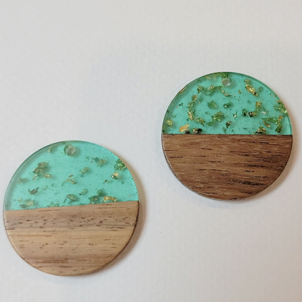 Walnut Wood & Aqua Gold Resin Round Pendants, 28mm