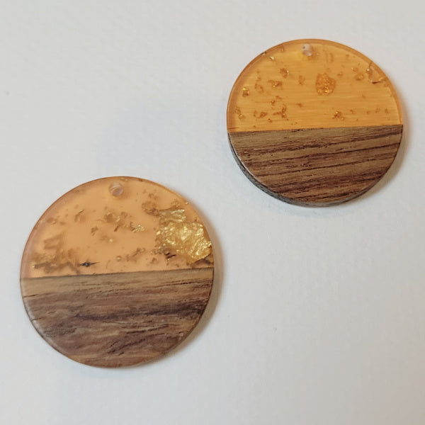 Walnut Wood & Apricot Gold Resin Round Pendants, 28mm