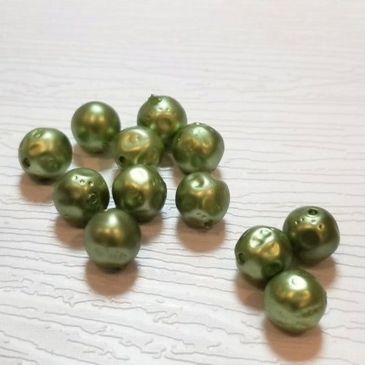 Vintage Olive Green Baroque Faux Pearl Beads, 8mm, 12pcs