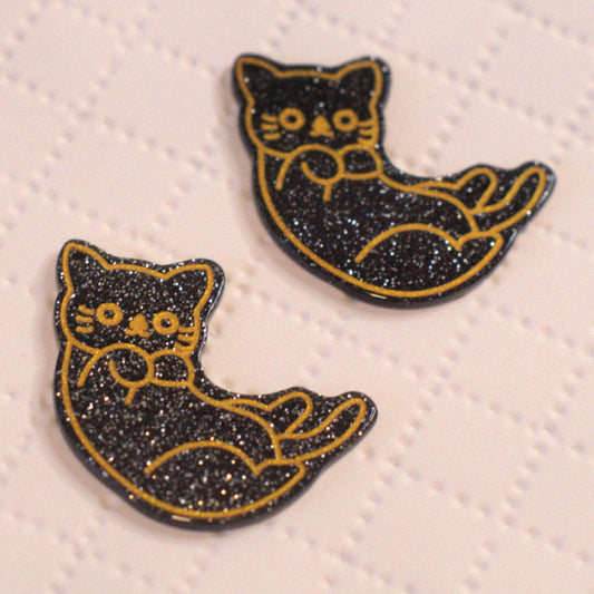 Cellulose Acetate Cat Charms – Black Glitter with Gold Detail, 32×40mm