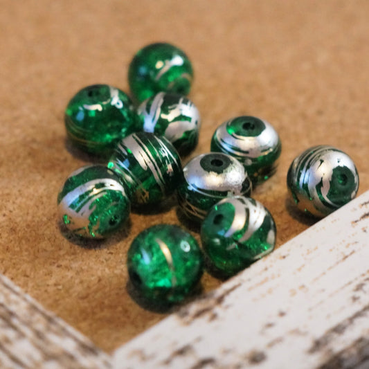 Emerald Green Crackle Glass Round Beads with Silver Swirl, 10mm