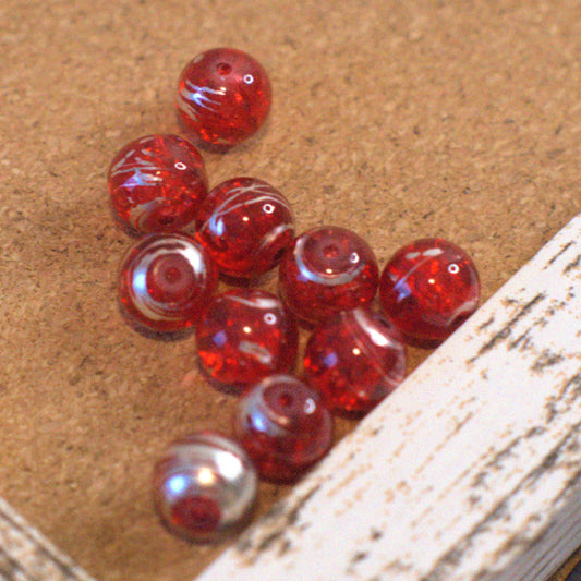 Cherry Red Crackle Glass Round Beads with Silver Swirl, 10mm