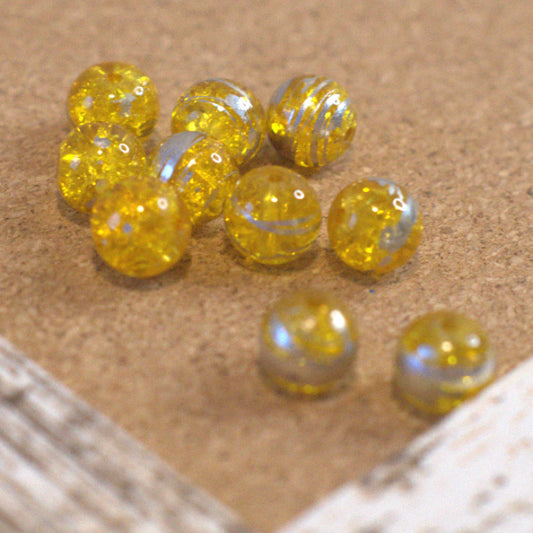 Citrine Yellow Crackle Glass Round Beads with Silver Swirl, 10mm