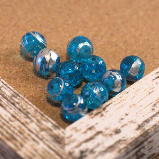 Turquoise Blue Crackle Glass Round Beads with Silver Swirl, 10mm