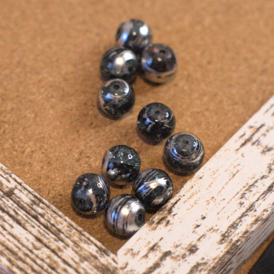 Gunmetal Grey Crackle Glass Round Beads with Silver Swirl, 10mm