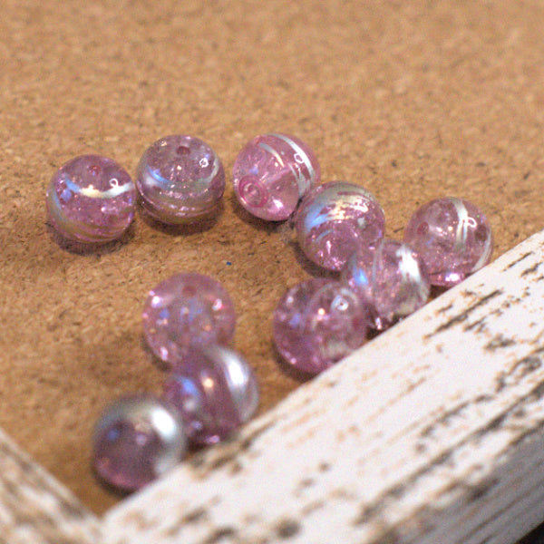 Pink Lavender Crackle Glass Round Beads with Silver Swirl, 10mm