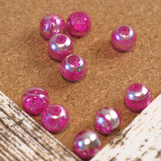 Hot Pink Crackle Glass Round Beads with Silver Swirl, 10mm